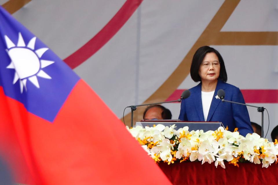 Taiwanese President Tsai Ing-wen delivers a speech during the National Day Celebration, following Chinese President Xi Jinpings vow to unify Taiwan by peaceful means, in Taipei, Taiwan, 10 October 2021