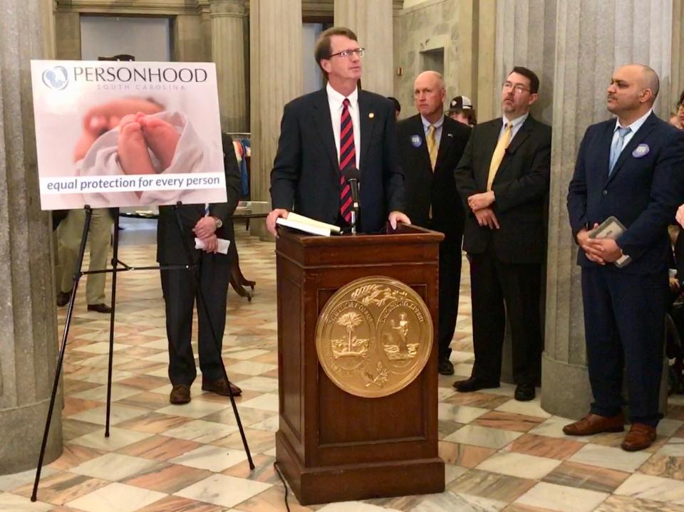 South Carolina Republican Sen. Richard Cash reintroduces personhood legislation at pro-life event Wednesday, Feb. 6, 2019, inside the lobby of the Statehouse. The personhood bill stipulates life begins at conception and at that moment, has all the rights as any other citizen. (AP Photo/Christina Myers)