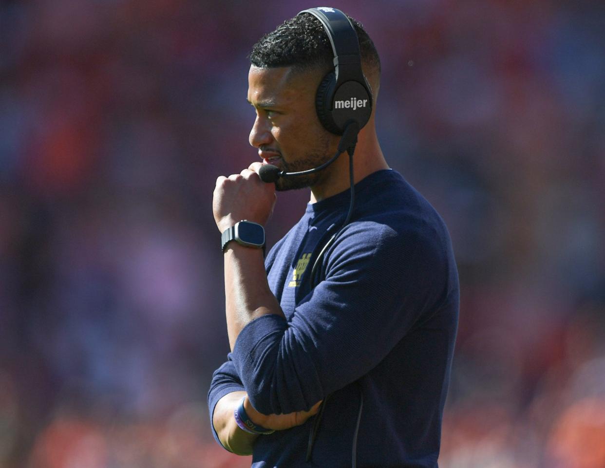 Notre Dame Head Coach Marcus Freeman watching his team play Clemson during the third quarter at Memorial Stadium in Clemson, S.C. Saturday, November 4, 2023.