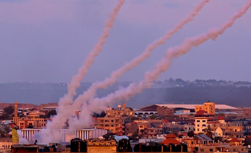 Rockets are launched towards Israel from the southern Gaza Strip, on May 17, 2021. (Photo by SAID KHATIB / AFP) (Photo by SAID KHATIB/AFP via Getty Images)