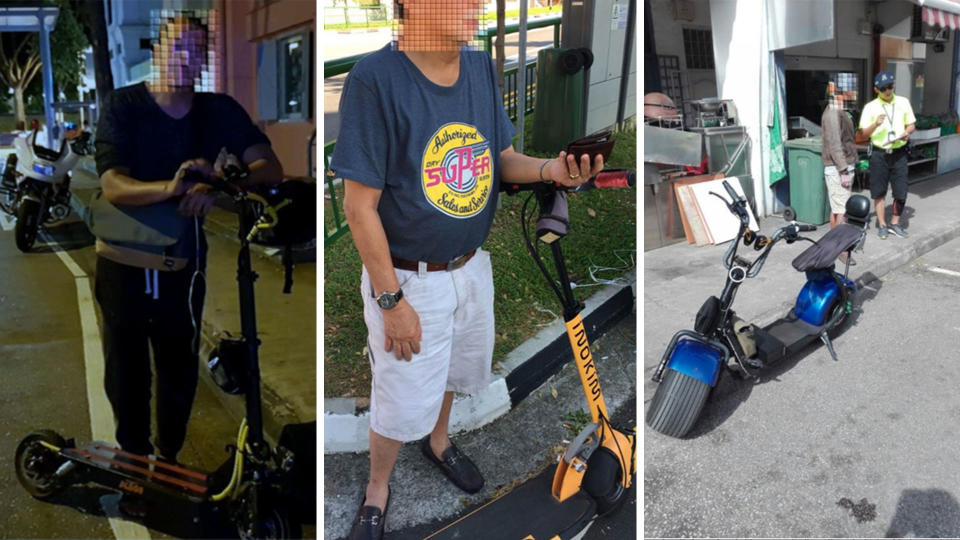 Personal mobility device (PMD) users who were caught riding on roads. (PHOTOS: LTA)