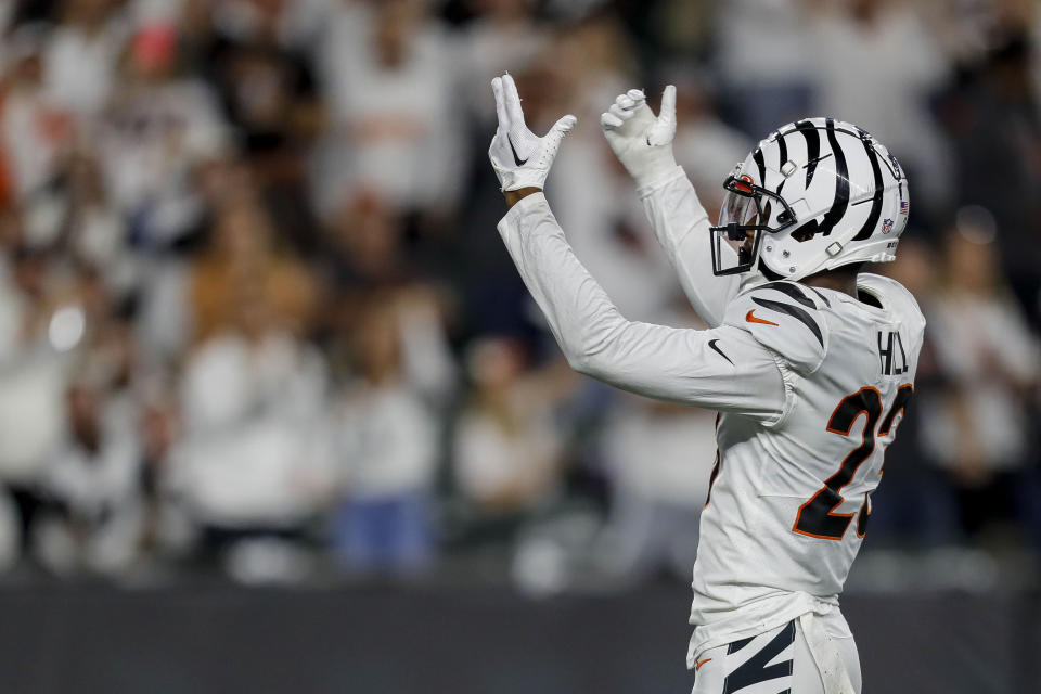 Sep 25, 2023; Cincinnati, Ohio, USA; Cincinnati Bengals safety Dax Hill (23) reacts after sacking <a class="link " href="https://sports.yahoo.com/nfl/teams/la-rams/" data-i13n="sec:content-canvas;subsec:anchor_text;elm:context_link" data-ylk="slk:Los Angeles Rams;sec:content-canvas;subsec:anchor_text;elm:context_link;itc:0">Los Angeles Rams</a> quarterback <a class="link " href="https://sports.yahoo.com/nfl/players/9265" data-i13n="sec:content-canvas;subsec:anchor_text;elm:context_link" data-ylk="slk:Matthew Stafford;sec:content-canvas;subsec:anchor_text;elm:context_link;itc:0">Matthew Stafford</a> (not pictured) in the first half at Paycor Stadium. Mandatory Credit: Katie Stratman-USA TODAY Sports