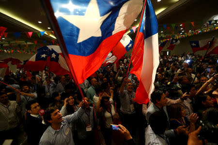 Supporters of Chilean presidential candidate Sebastian Pinera react after hearing the results of the second round vote, in Santiago, December 17, 2017. REUTERS/Ivan Alvarado