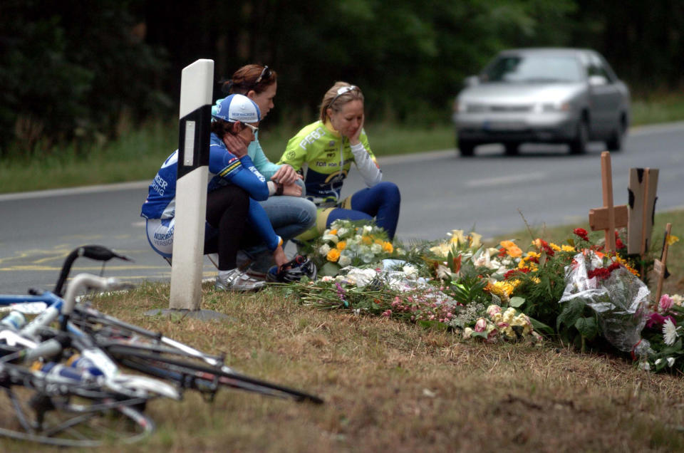 Australian cyclists visit the site of the accident in Germany which killed Amy Gillett and injured five members of the AIS womens road cycling team. Source: File/AAP