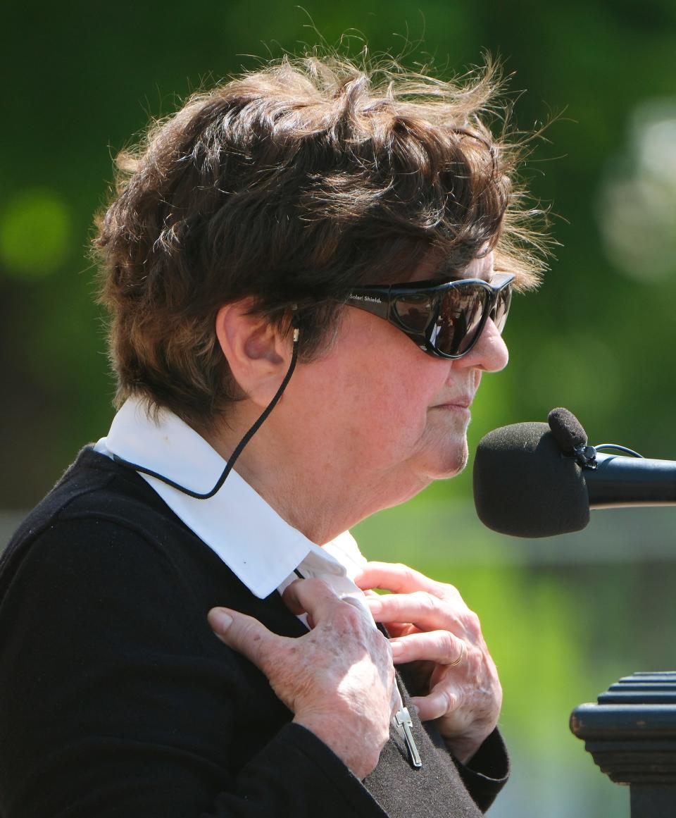 Sister Helen Prejean addresses the crowd Tuesday at a Justice Rally for Richard Glossip at the state Capitol.