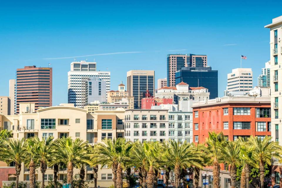 Skyline of downtown San Diego, California, USA with office buildings and condos.