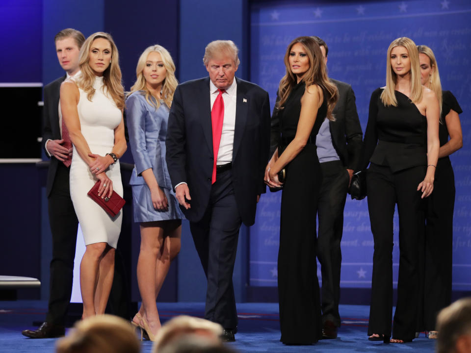 Lara Trump (left) with son Eric, daughters Tiffany, Ivanka and former first lady Melania after a presidential debate last year. Source: Getty