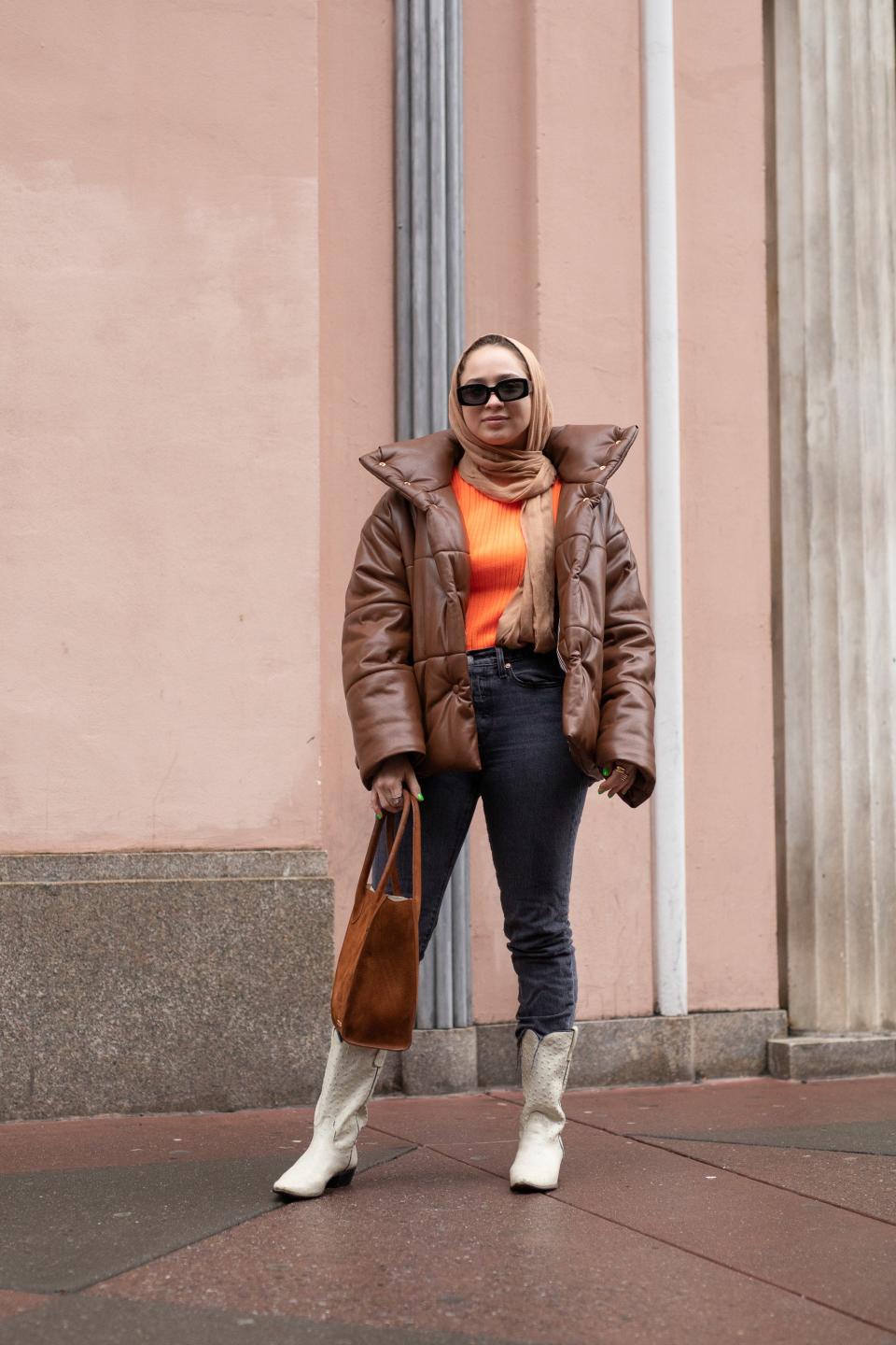 Black Jeans + Oversized Puffer + Cowboy Boots