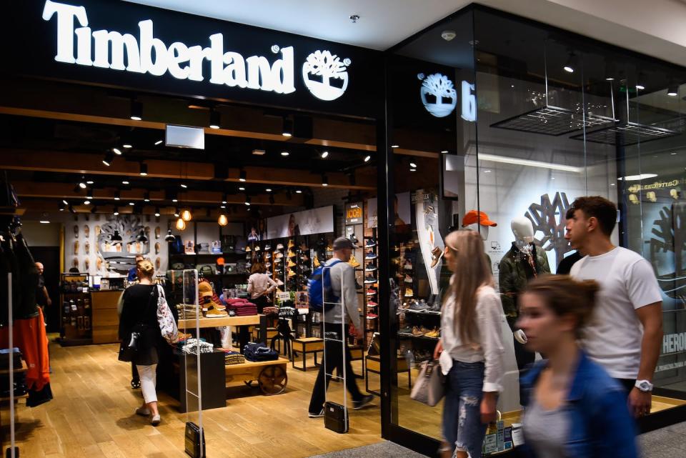 Timberland, like Patagonia, has made corporate social responsibility a priority. <a href="https://www.gettyimages.com/detail/news-photo/people-walk-past-an-american-retail-shop-timberland-news-photo/1176002474" rel="nofollow noopener" target="_blank" data-ylk="slk:Omar Marques/SOPA Images/LightRocket via Getty Images;elm:context_link;itc:0;sec:content-canvas" class="link ">Omar Marques/SOPA Images/LightRocket via Getty Images</a>