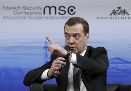 Russian Prime Minister Dmitry Medvedev answers a question from the audience at the Munich Security Conference in Munich, Germany, February 13, 2016. REUTERS/Dmitry Astakhov/Sputnik/Pool