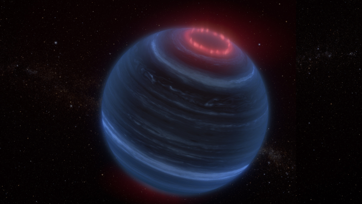  An illustration of a brown dwarf with a ring of reddish auroral emissions at its north pole. 