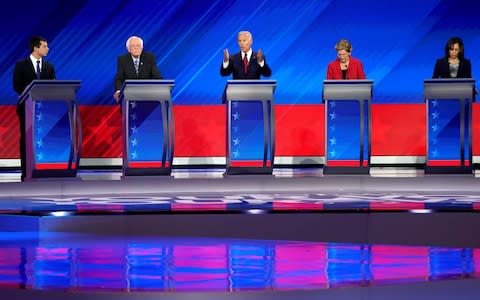 Five candidates for the Democratic presidential bid line up during a debate in Houston - Credit: REUTERS/Mike Blake