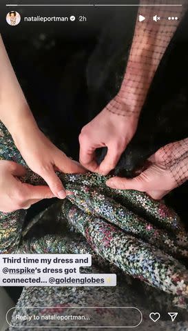 <p>Natalie Portman/ Instagram</p> Natalie Portman shares photo of her and Rosamund Pike's dress being stuck together at the Golden Globes