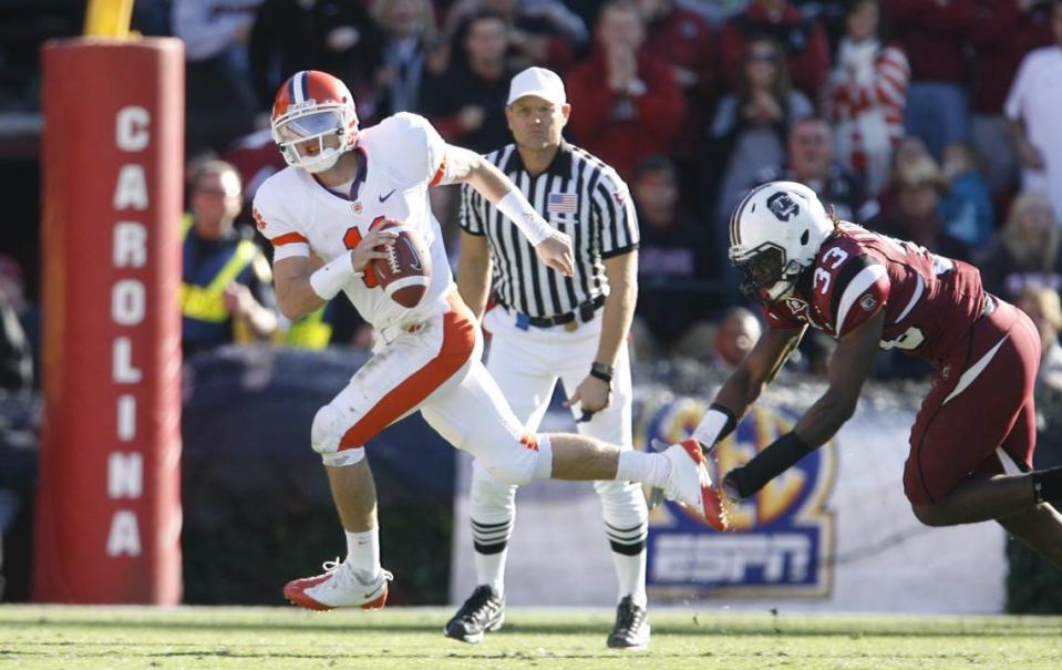 From Nov. 28, 2009: Clemson quarterback Kyle Parker gets away from South Carolina freshman strong safety Damario Jeffery.