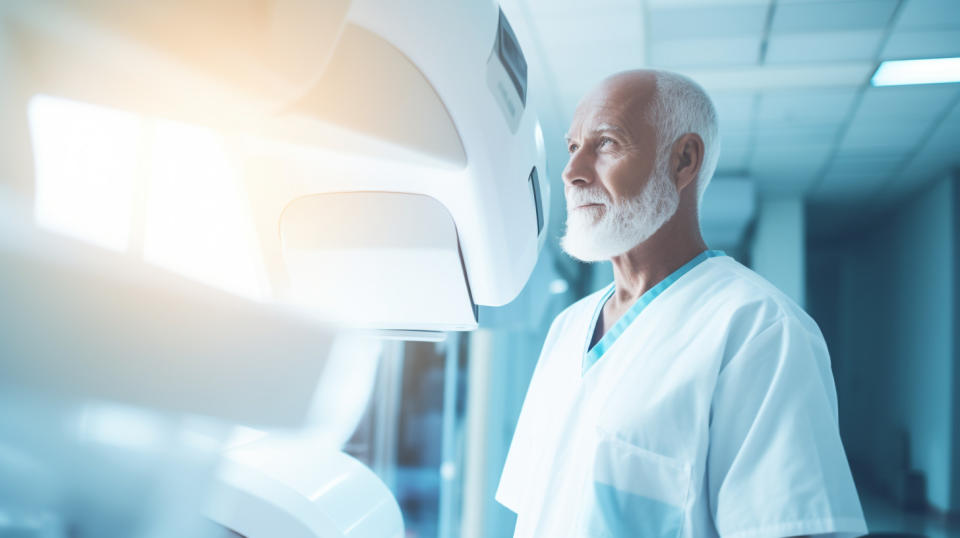 A radiation oncologist supervising the use of radiation therapy equipment to treat a patient.