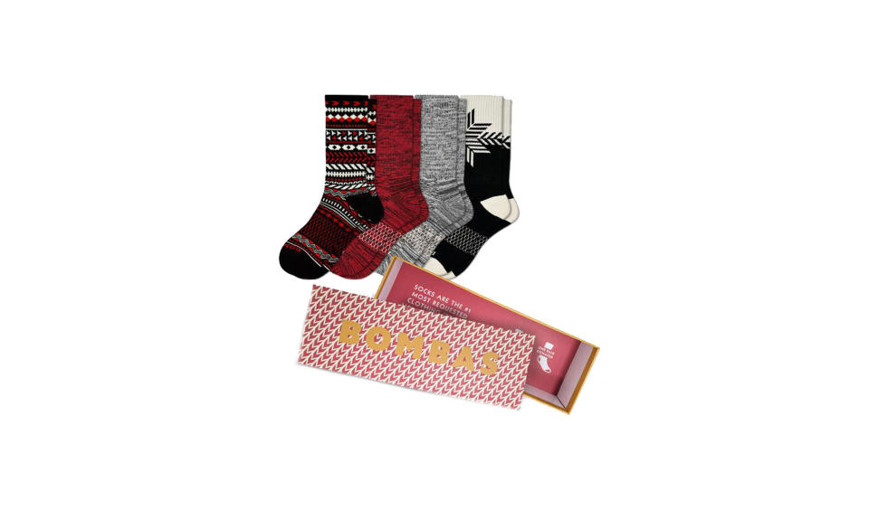 <p>Men’s holiday sock 4-pair gift box, $65,<a rel="nofollow noopener" href="https://bombas.com/products/mens-holiday-socks-gift-box?variant=mixed" target="_blank" data-ylk="slk:bombas.com;elm:context_link;itc:0;sec:content-canvas" class="link "> bombas.com</a> </p>