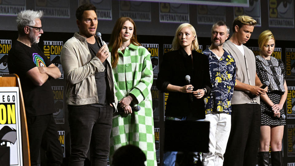 James Gunn, Chris Pratt, Karen Gillan, Pom Klementieff, Sean Gunn, Will Poulter and Maria Bakalova. - Credit: Michael Buckner/Variety/Getty Images