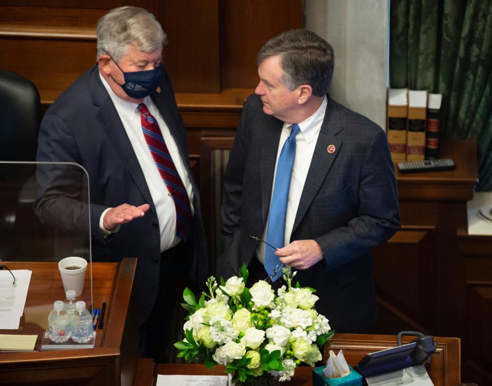 Lt. Governor Randy McNally talks with Sen. Bill Powers during a special session of the Senate at the State Capitol Thursday, Jan. 21, 2021 in Nashville, Tenn.