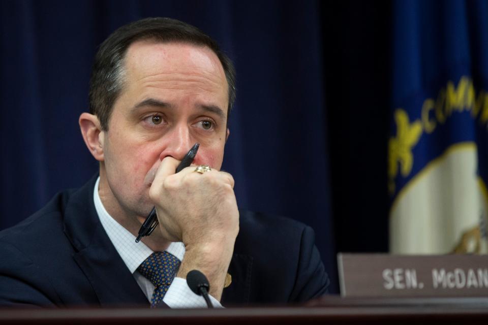 State Sen. Chris McDaniel, sponsor of Senate Bill 10, listens at a hearing at the Kentucky Capitol Annex in February 2020.