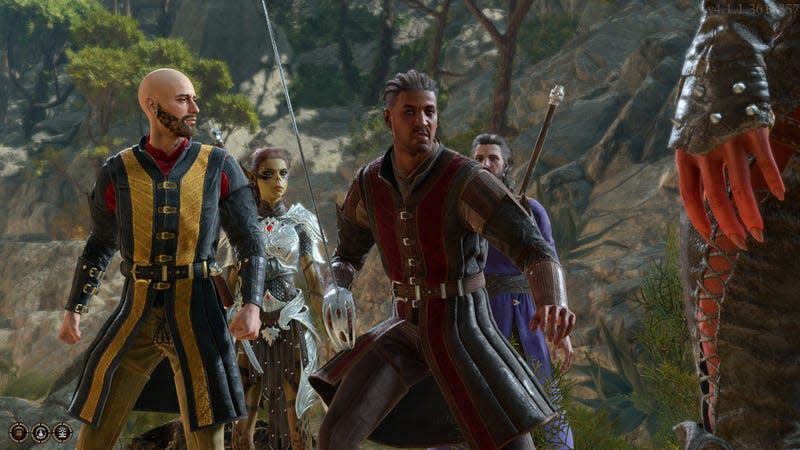 Wyll is shown raising his sword at Karlach while Gale, Lae'zel, and Tav watch.