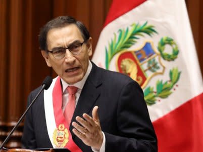 Martin Vizcarra speaks after being sworn in as Peru's President at the congress building in Lima, Peru, March 23, 2018. REUTERS/Mariana Bazo