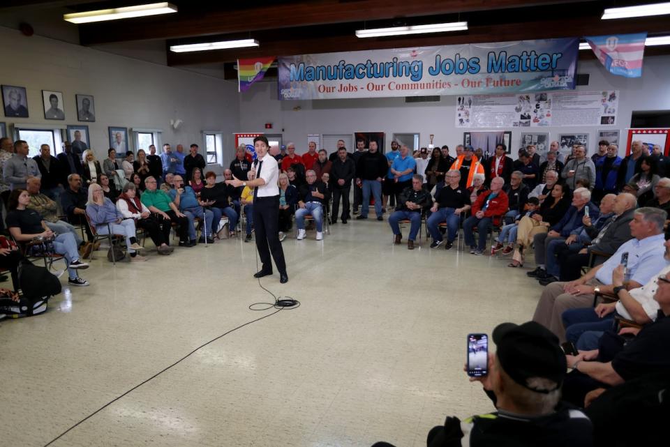 Prime Minister Justin Trudeau visits Unifor Local 200 and Local 444 members in Windsor, Ont., Thursday, March 14, 2024.