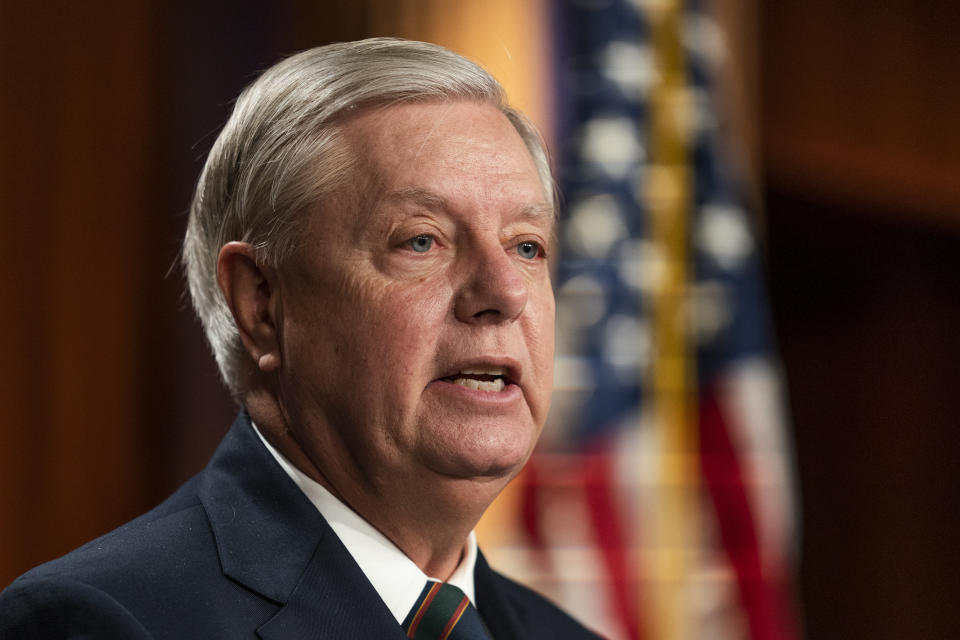 Sen. Lindsey Graham, R-S.C., speaks to reporters during a news conference at the Capitol, Thursday, Jan. 7, 2021, in Washington. Graham said Thursday that the president must accept his own role in the violence that occurred at the U.S. Capitol. (AP Photo/Manuel Balce Ceneta)