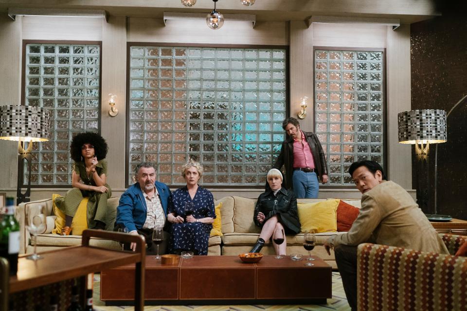 Tiffany Boone, left, Saul Rubinek, Carol Kane, Kate Mulvany, Josh Radnor and Louis Ozawa play members of a skilled crew of Nazi hunters in Amazon's 'Hunters.'