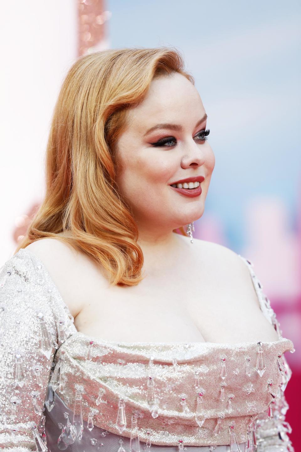 Close-up of Nicola on the pink carpet