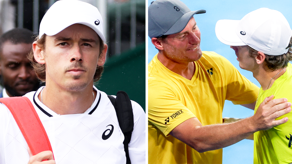 Alex de Minaur (pictured) is looking to join an elite group of Aussie tennis icons having already emulated a stunning Lleyton Hewitt (pictured right) feat. (Getty Images)