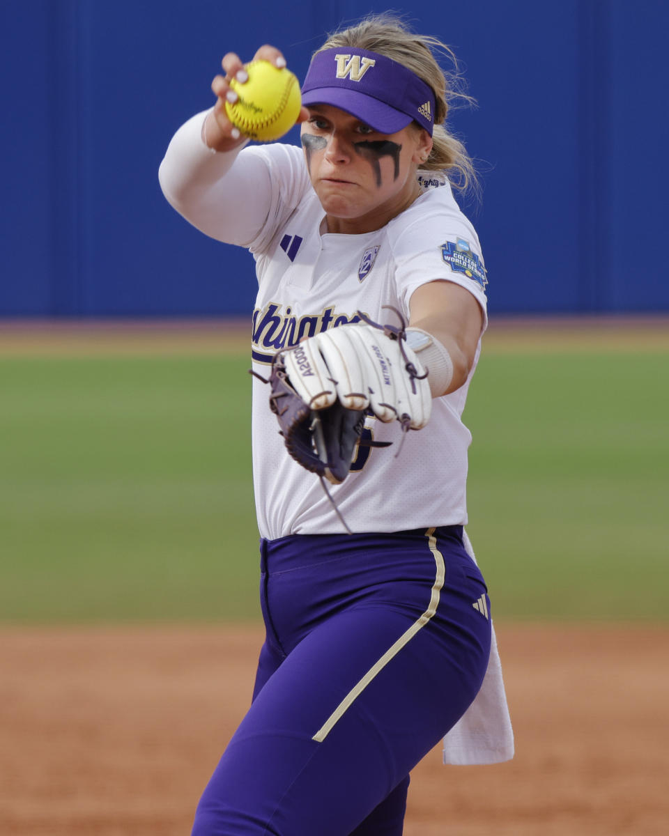 Washington's Ruby Meylan pitches against Florida State during the second inning of an NCAA softball Women's College World Series game Saturday, June 3, 2023, in Oklahoma City. (AP Photo/Nate Billings)
