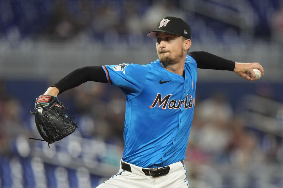 Miami Marlins' Braxton Garrett delivers a pitch during the first inning of a baseball game against the Philadelphia Phillies, Sunday, May 12, 2024, in Miami. (AP Photo/Wilfredo Lee)