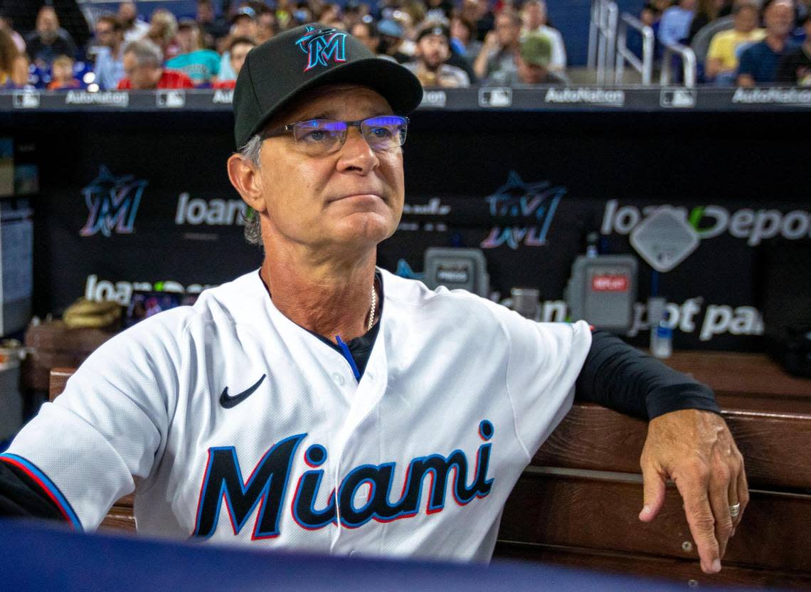 Miami Marlins manager Don Mattingly reacts during his final MLB game at loanDepot park in the Little Havana neighborhood of Miami, Florida, on Wednesday, October 5, 2022.