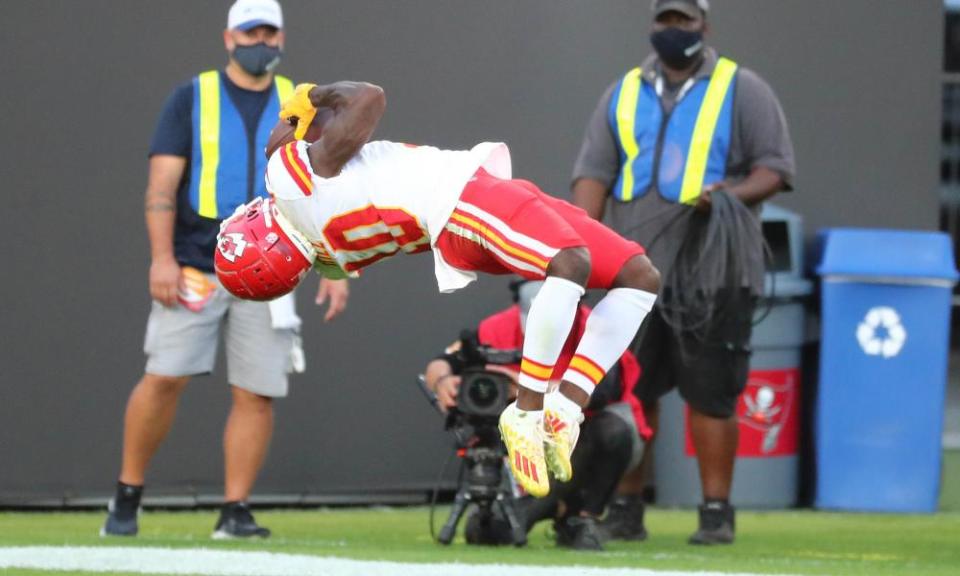 Tyreek Hill celebrates one of his touchdowns in the first-half against the Bucs