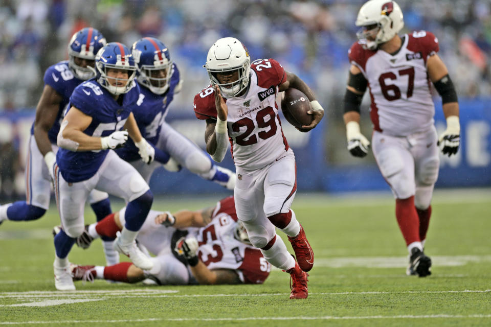 Arizona Cardinals' Chase Edmonds (29) runs the ball for a touchdown during the second half of an NFL football game against the New York Giants, Sunday, Oct. 20, 2019, in East Rutherford, N.J. (AP Photo/Adam Hunger)