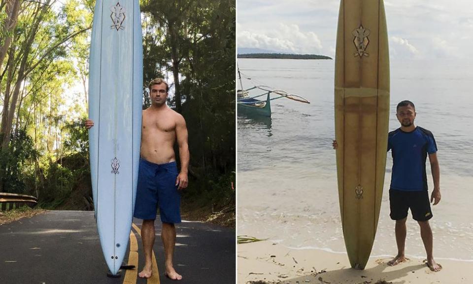 Doug Falter posing with his board in Hawaii in 2015, and Giovanne Branzuela with the same surfboard on Sarangani island in the Philippines this year.