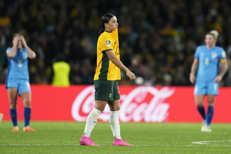 Australia's Sam Kerr reacts after England's Alessia Russo scored her side's third goal during the Women's World Cup semifinal soccer match between Australia and England at Stadium Australia in Sydney, Australia, Wednesday, Aug. 16, 2023. (AP Photo/Abbie Parr)