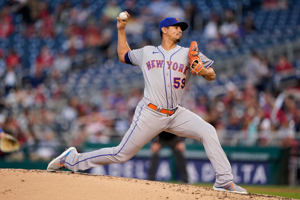 New York Mets starting pitcher Carlos Carrasco throws during the third inning of a baseball game against the Washington Nationals at Nationals Park, Tuesday, May 10, 2022, in Washington.