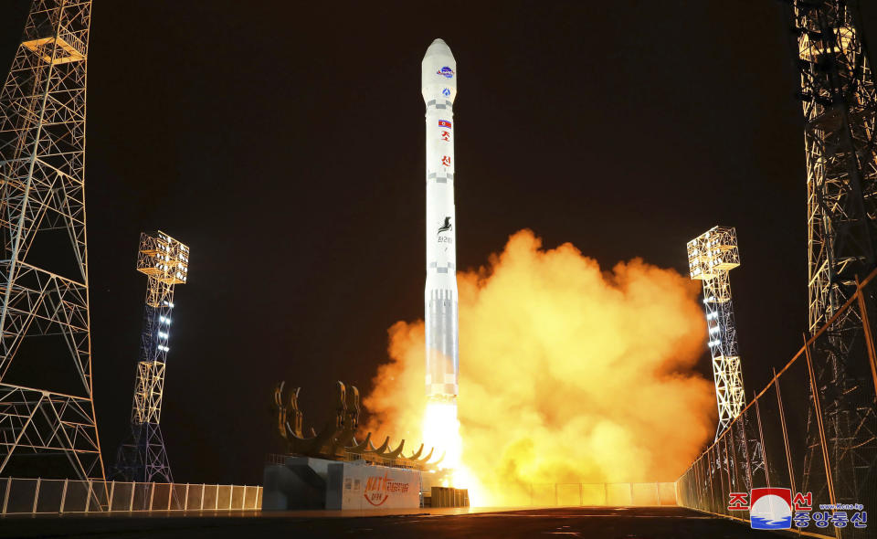 This photo provided by the North Korean government shows what the country said is the launch of the Malligyong-1, a military spy satellite, into orbit on Tuesday, Nov. 21, 2023. Independent journalists were not given access to cover the event depicted in this image distributed by the North Korean government. The content of this image is as provided and cannot be independently verified. Korean language watermark on image as provided by source reads: “KCNA” which is the abbreviation for Korean Central News Agency. (Korean Central News Agency/Korea News Service via AP)