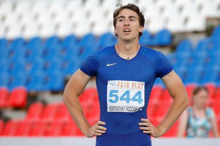 Athletics - Russian track and field championship - Men's 110m hurdles - Cheboksary, Russia, 21/6/16. Sergey Shubenkov reacts after competing. REUTERS/Sergei Karpukhin