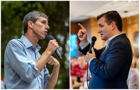 FILE PHOTOS: A combination photo shows U.S. Rep. Beto O'Rourke (L) and U.S. Senator Ted Cruz (R) speaking to supporters in Del Rio, Texas, on September 22, 2018 and in Columbus, Texas, U.S. on September 15, 2018 respectively.   REUTERS/Sergio Flores/File Photos