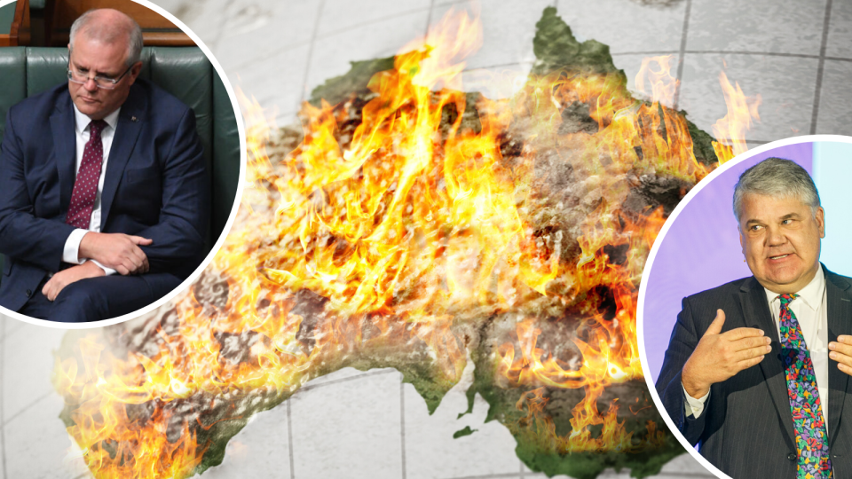 a map of australia burning and scott morrison, stephen koukoulas