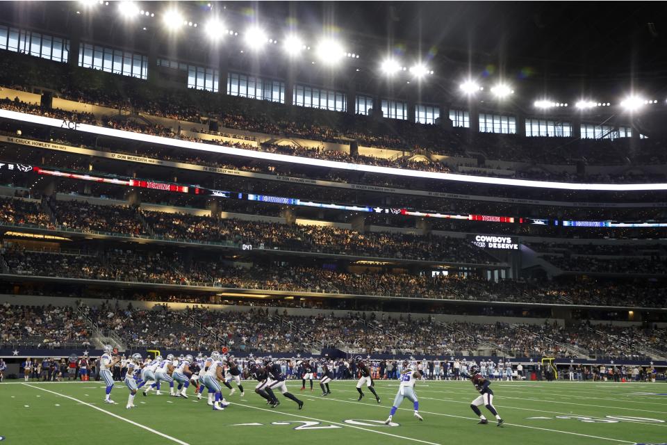 The Houston Texans play the Dallas Cowboys in the first half of a preseason NFL football game at AT&T Stadium in Arlington, Texas, Saturday, Aug. 21, 2021. (AP Photo/Michael Ainsworth)