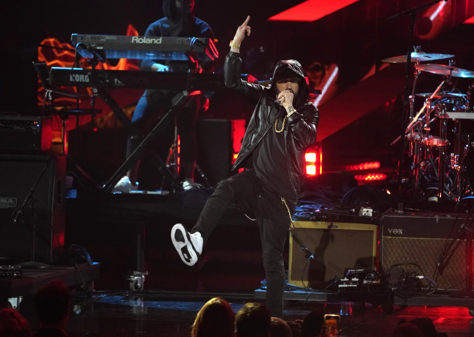 Inductee Eminem performs during the Rock & Roll Hall of Fame Induction Ceremony on Saturday, Nov. 5, 2022, at the Microsoft Theater in Los Angeles. (AP Photo/Chris Pizzello)
