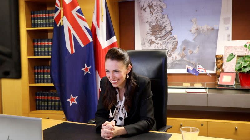 New Zealand's Prime Minister Jacinda Ardern speaks with Britain's Prime Minister Boris Johnson over video conferencing as they seal a free trade deal