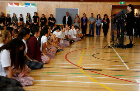 New Zealand's Prime Minister Jacinda Ardern speaks to students during her visit to Cashmere High School in Christchurch, New Zealand March 20, 2019. REUTERS/Edgar Su