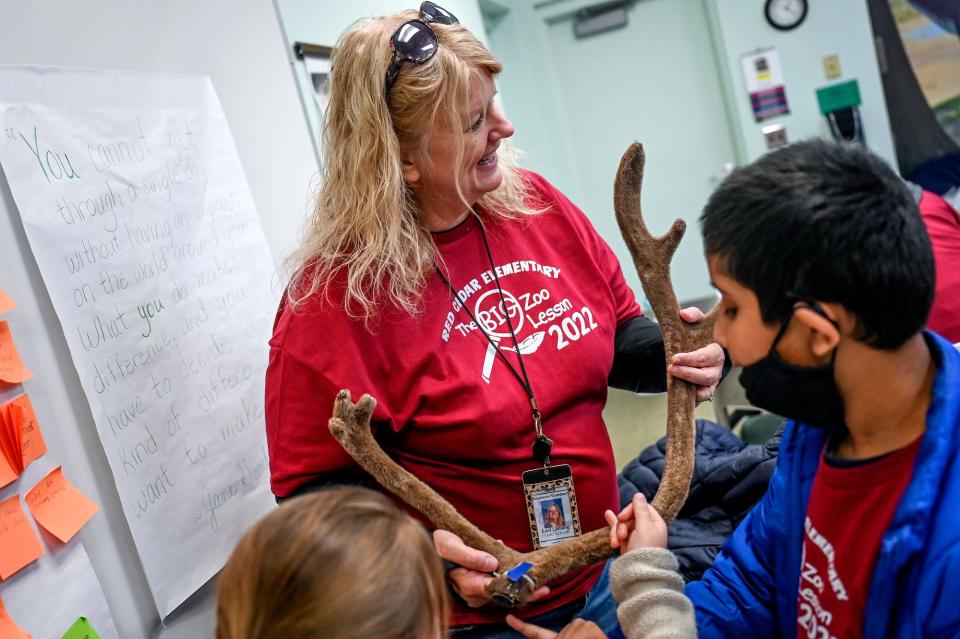 Red Cedar Elementary fourth-grade teacher Stephanie Krumbach, center, shows off elk antlers to students during a BIG Zoo Lesson study trip at Potter Park Zoo on Wednesday, April 27, 2022, in Lansing.