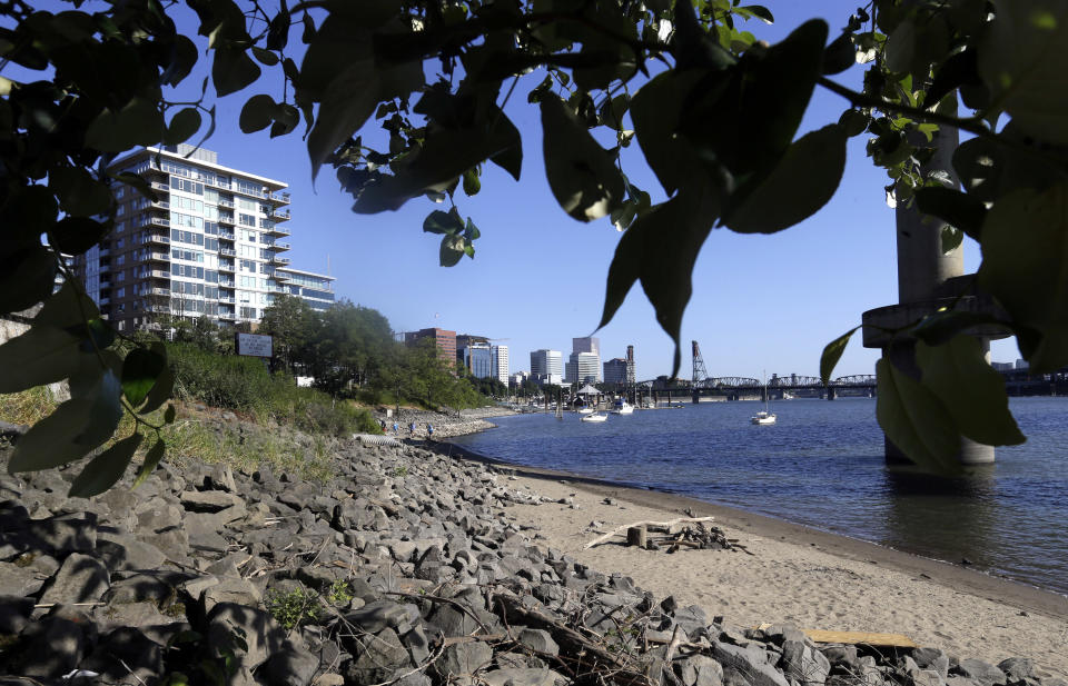 FILE - A section of newly formed beach is shown on the Willamette River in downtown Portland, Ore., on July 6, 2017. Monsanto has agreed to pay Oregon a lump sum of $698 million for its role in polluting the state with PCBs over a 90-year period until they were banned in 1977. Oregon Attorney General Ellen Rosenblum said Thursday, Dec. 15, 2022, that the settlement amount is the largest environmental damage recovery in Oregon's history. (AP Photo/Don Ryan, File)