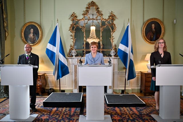 Patrick Harvie, Nicola Sturgeon and Lorna Slater in Bute House