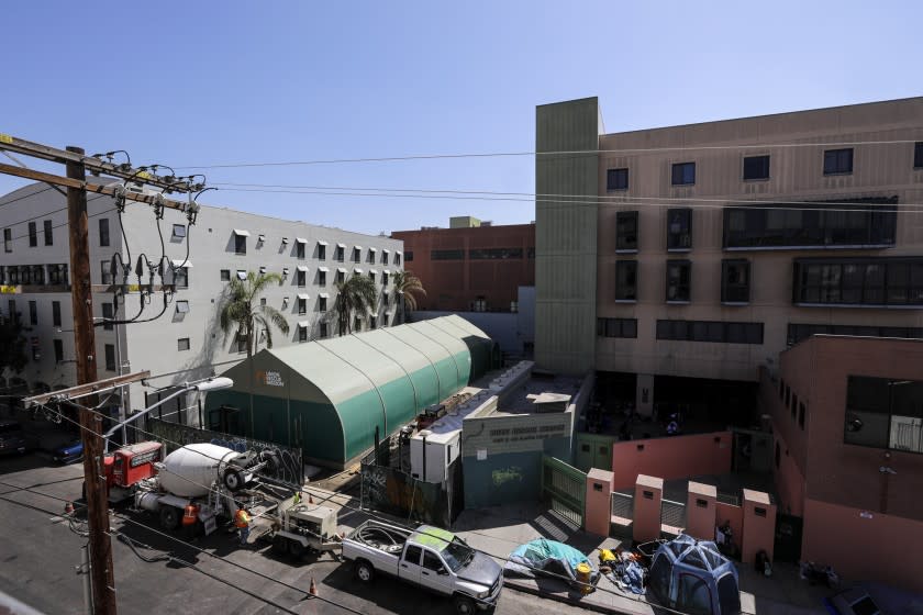 LOS ANGELES, CA - SEPTEMBER 12, 2019 — Rev Andy Bales, head of Union Rescue Mission, has set up a large tent that will be used as a shelter for homeless. Shelter is "Spring structure" that is in its finishing will be used as a women's shelter in the back property of mission. The mayor opened a similar shelter in Hollywood in April and Trump administration toured it this week as part of their fact finding to see if they are going to dive into California homelessness. (Irfan Khan/Los Angeles Times)